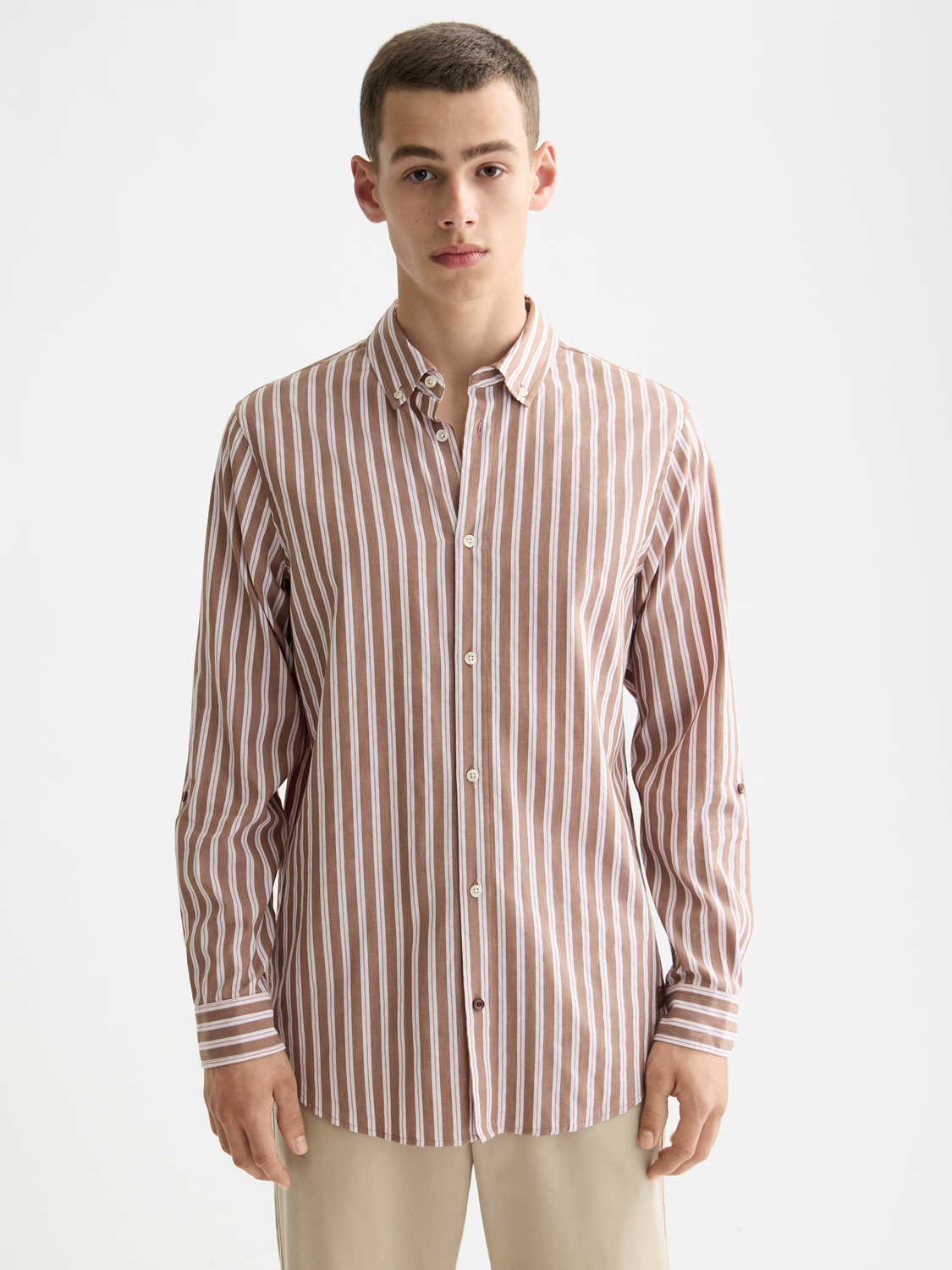 Long sleeve yarn-dyed striped shirt by Scotch & Soda showing a close-up of the fabric and pattern.