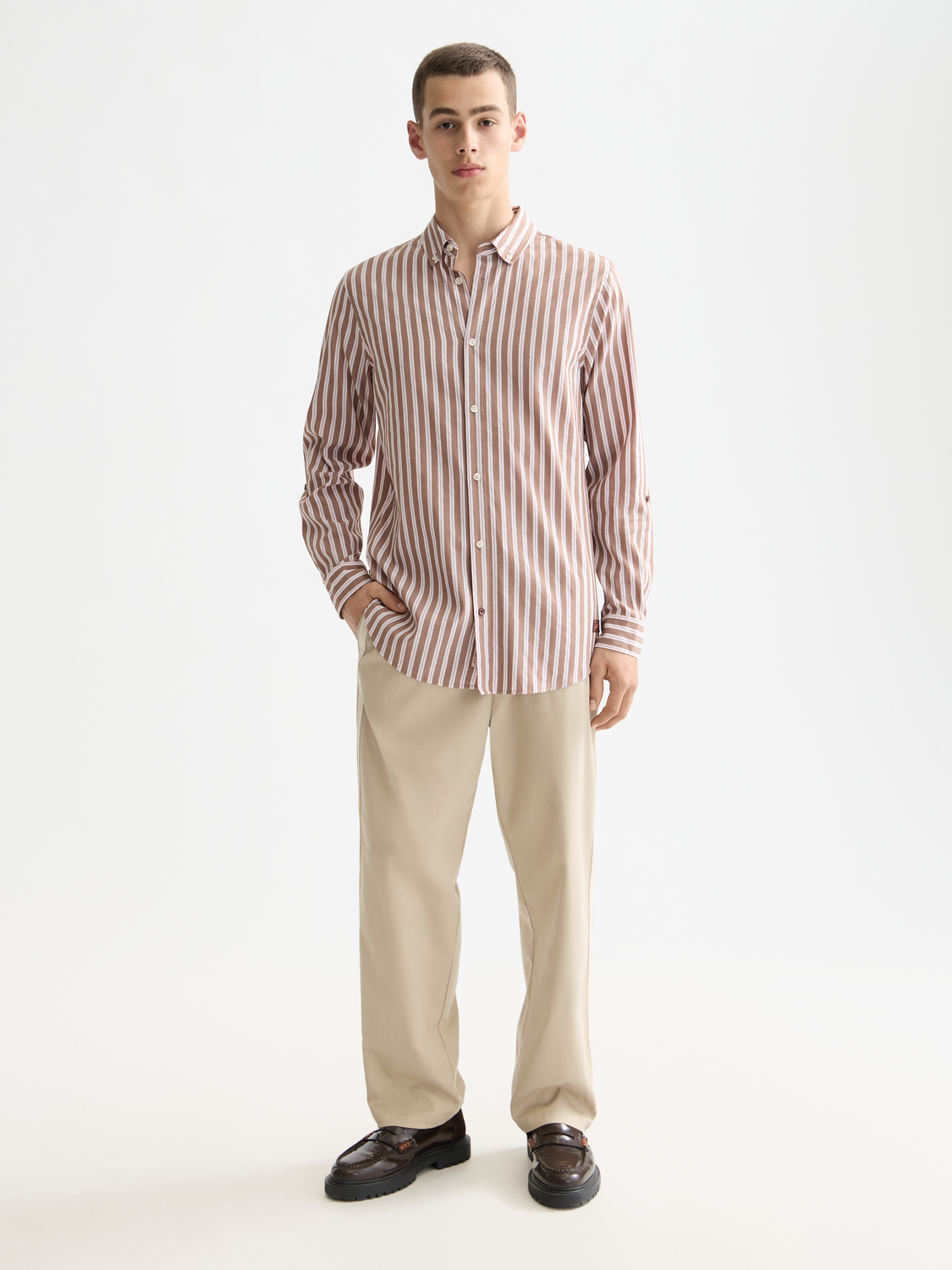 Yarn-dyed striped long-sleeve shirt by Scotch & Soda featuring blue and white vertical stripes and a classic collar.