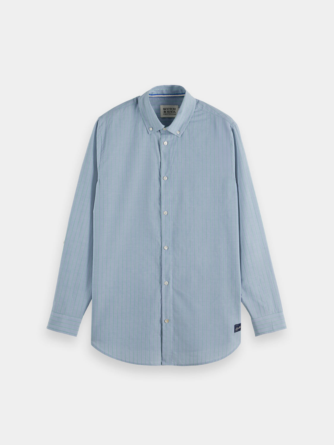 Long sleeve yarn-dyed striped shirt by Scotch & Soda featuring blue and white vertical stripes.