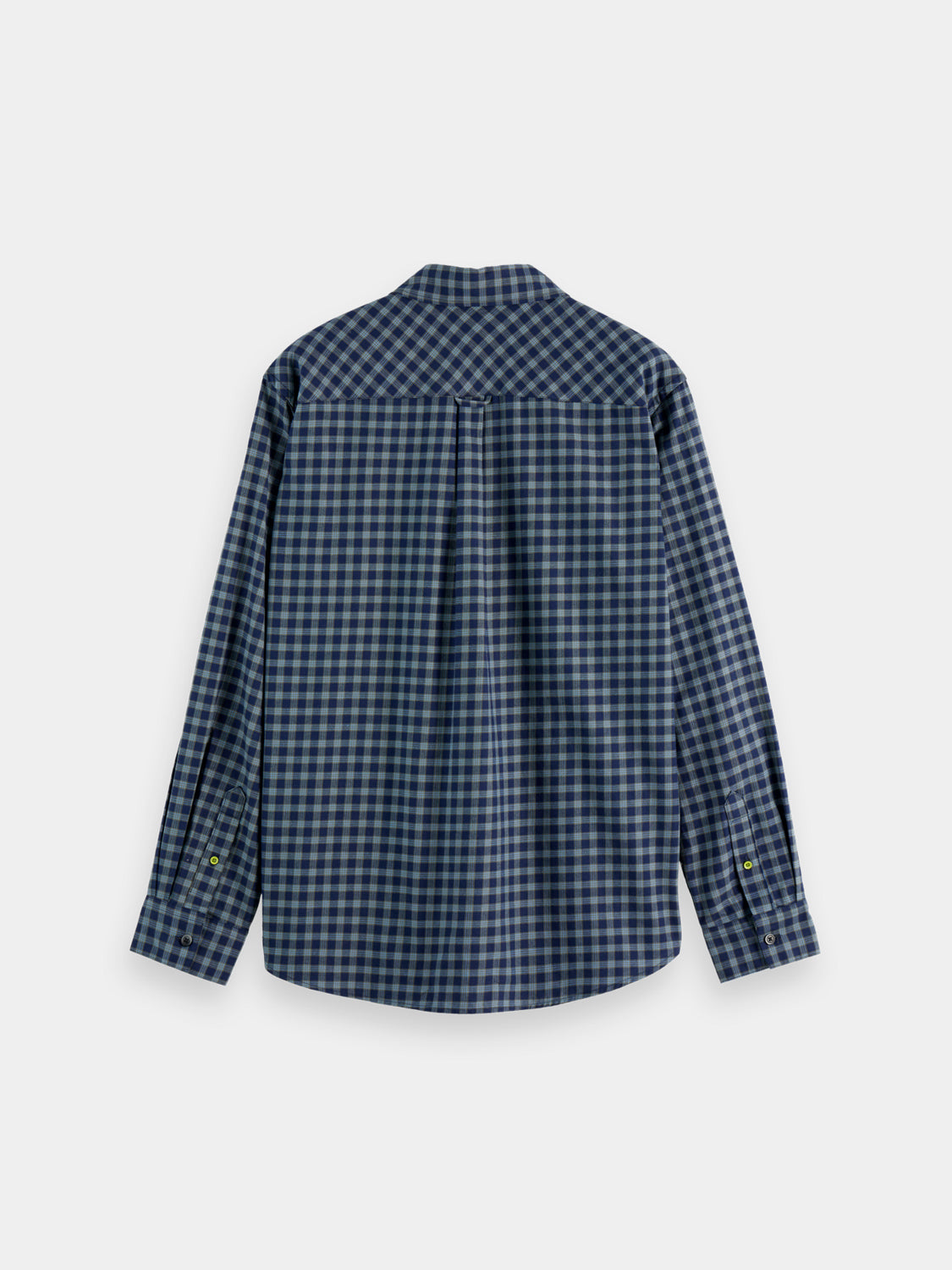 Scotch & Soda lightweight plaid flannel long-sleeve shirt in navy and white, casual men's fashion, front view.