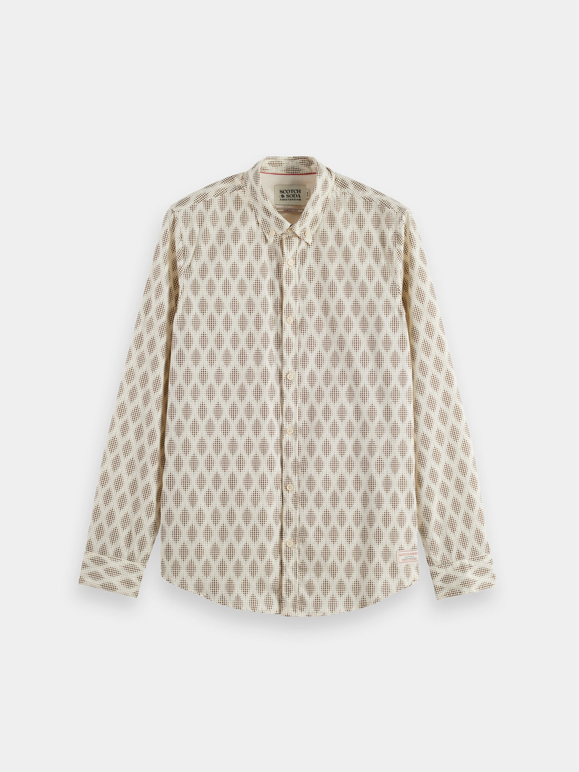 Long-sleeve printed shirt by Scotch & Soda, featuring vibrant patterns and casual fit, displayed on a hanger.