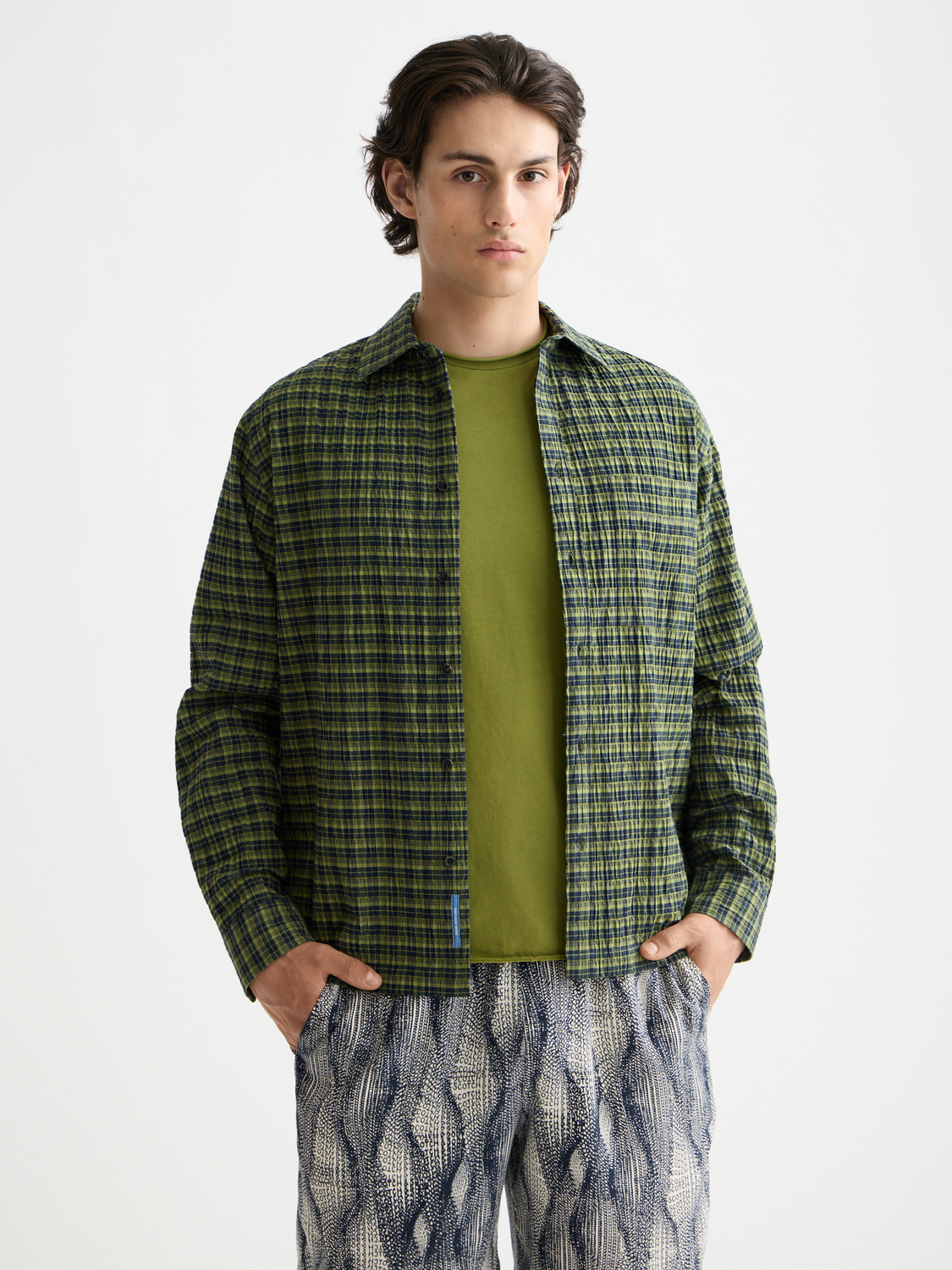 Long sleeve Scotch & Soda crinkle checked shirt with button-front and collar, shown in a close-up image.