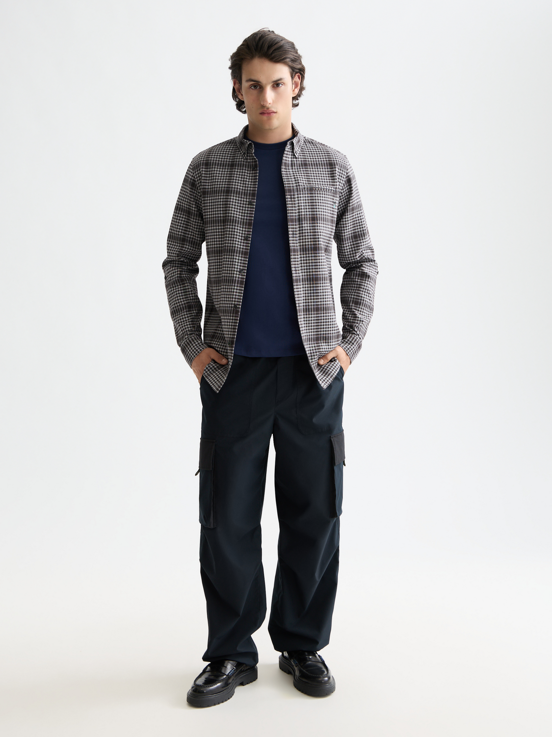Long sleeve Scotch & Soda shadow check double face shirt with front view showing the stylish patterned design.