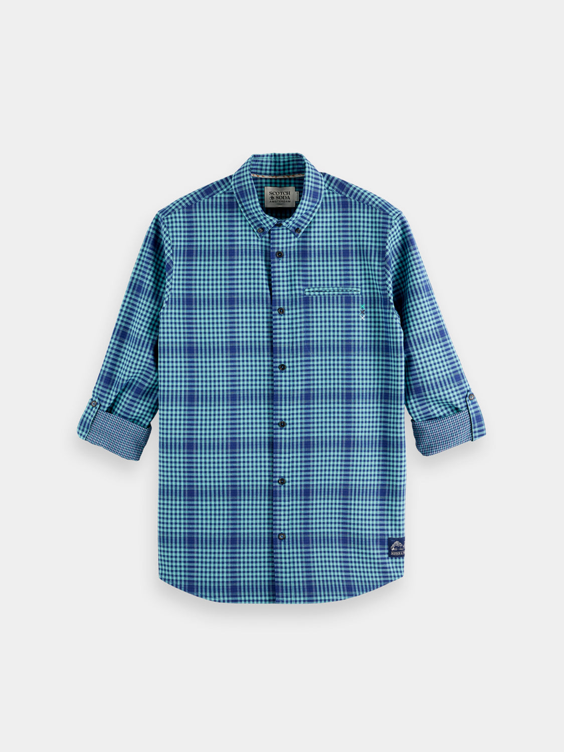 Long sleeve shadow check double face shirt by Scotch & Soda, showing the stylish plaid pattern and double-faced fabric.