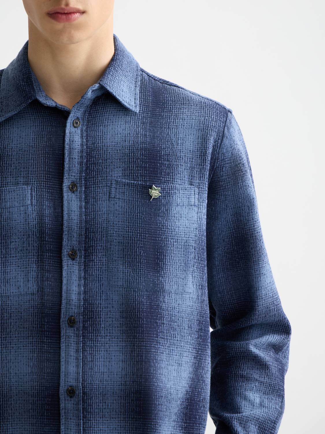 Scotch & Soda long sleeve shadow check shirt with button-down collar, featuring a stylish dark and light check pattern.