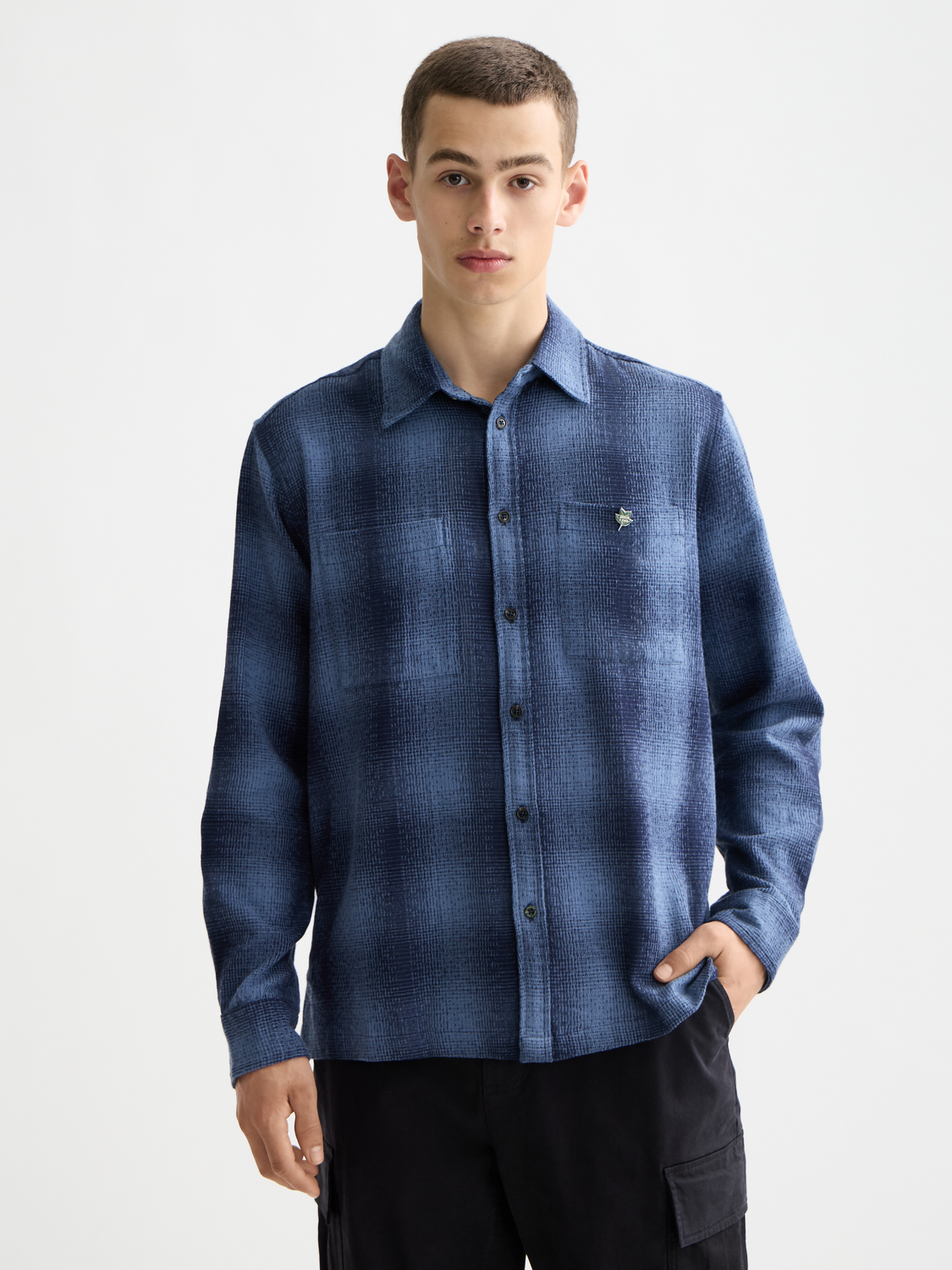 Long sleeve Scotch & Soda shadow check shirt with front view, showcasing the classic pattern and tailored fit.