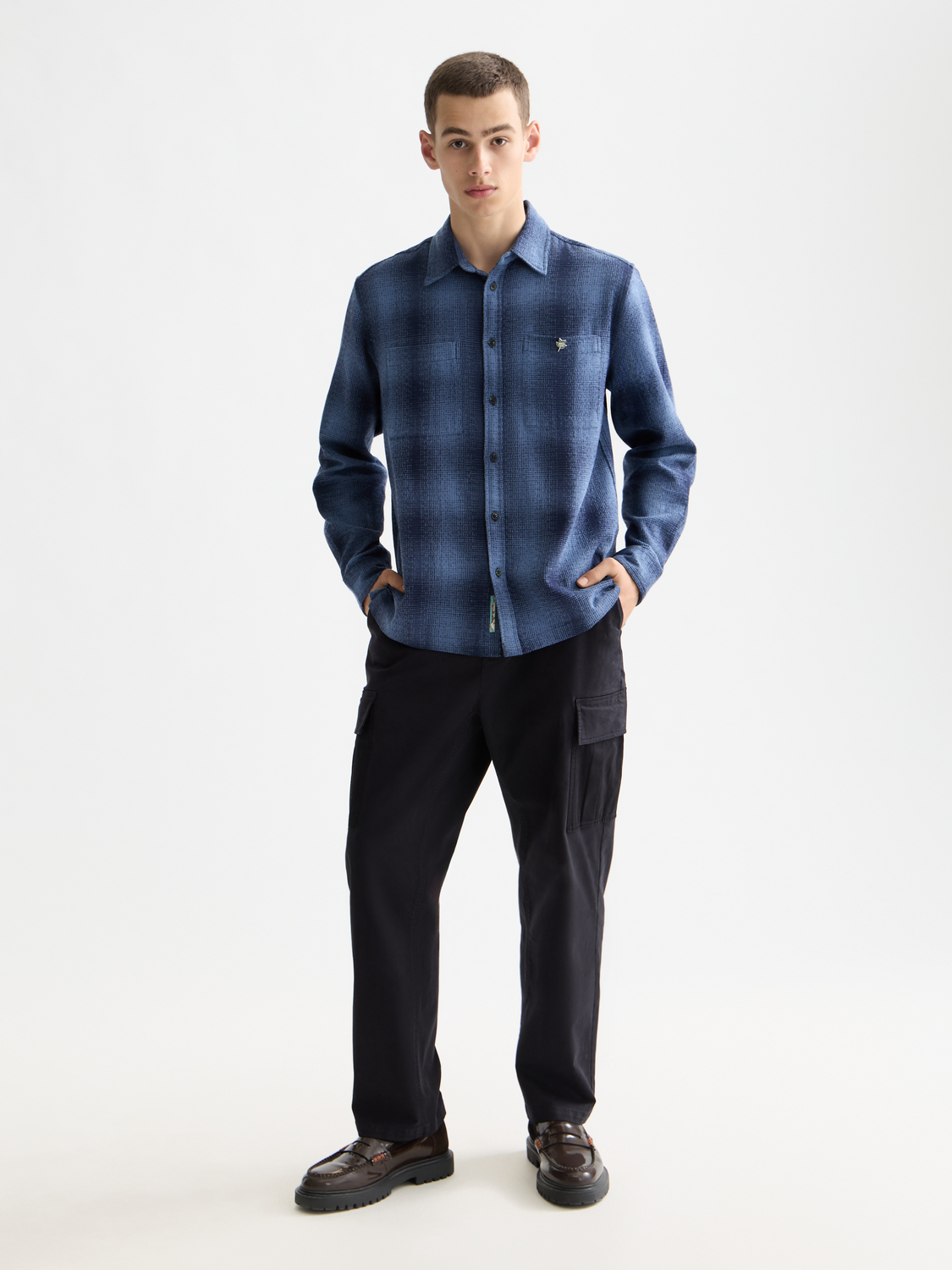 Scotch & Soda shadow check long-sleeve shirt with button collar and chest pocket, tailored fit, in dark shadow check pattern.