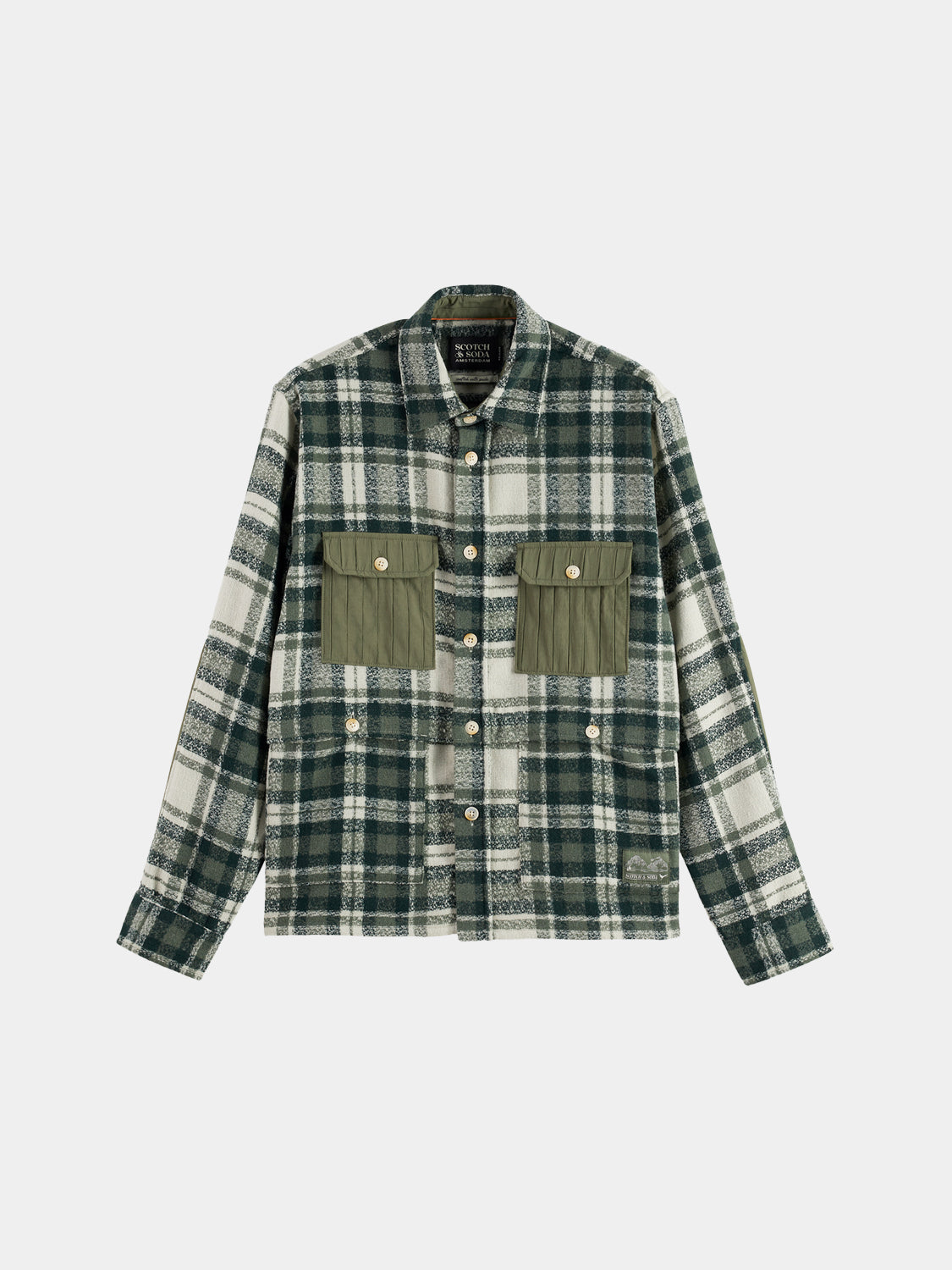 Long-sleeve patchwork shirt by Scotch & Soda featuring colorful, mixed fabric patches and a casual, stylish fit.