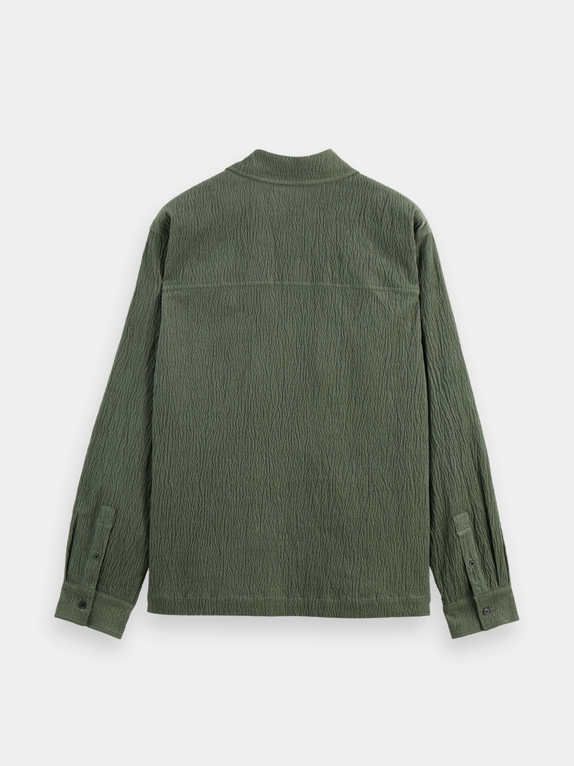 Long sleeve Scotch & SODA quarter zip corduroy shirt in dark blue, showing the back view with collar and textured fabric.