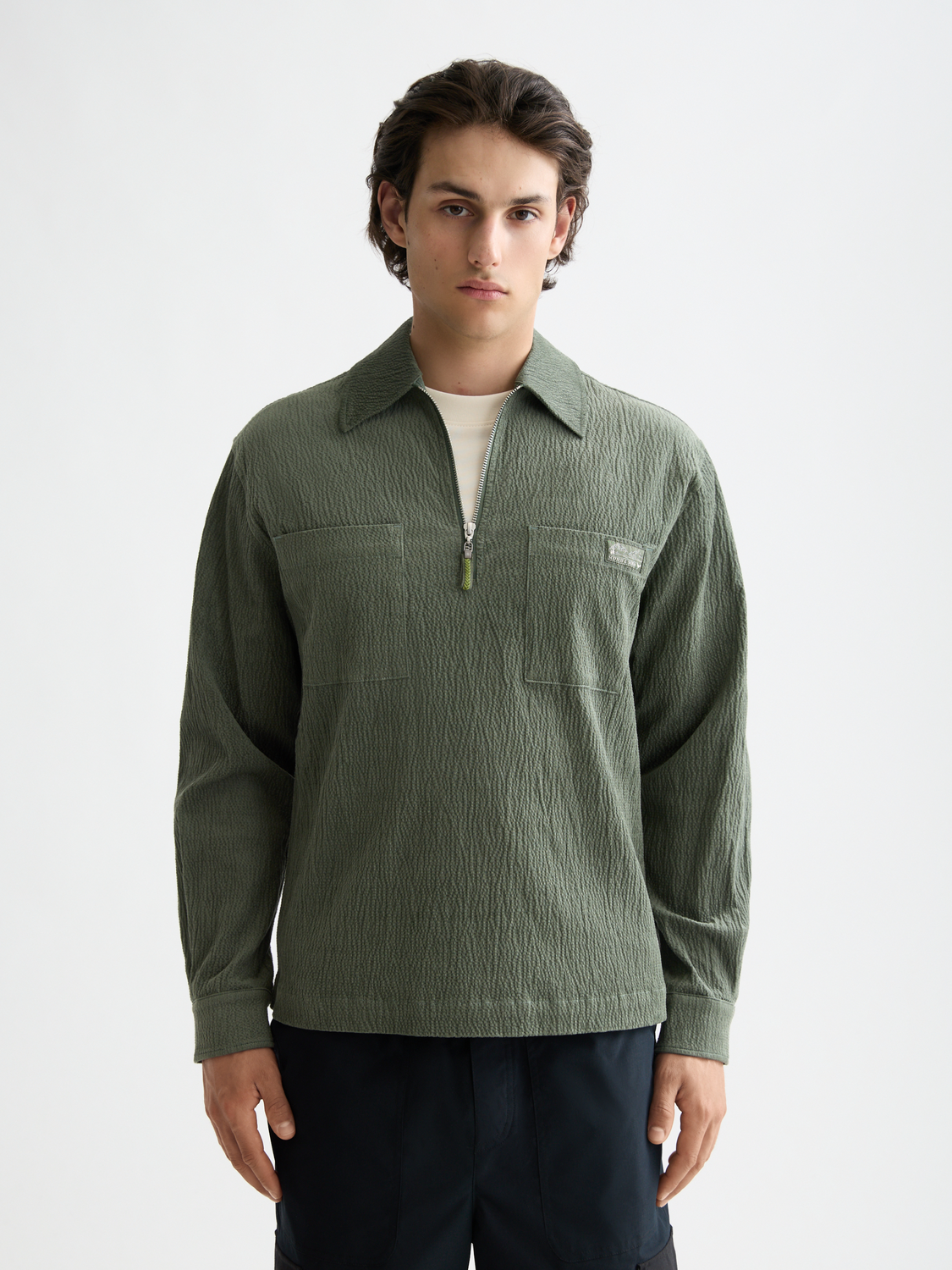 Long sleeve Scotch & Soda quarter zip corduroy shirt with a front zipper and classic corduroy texture.