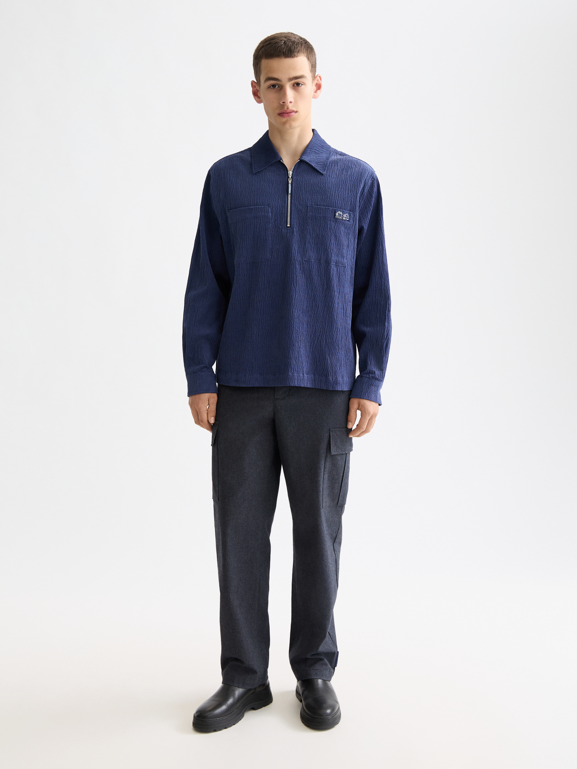 Scotch & Soda long-sleeve quarter zip corduroy shirt in earthy brown with a collar and front zipper.
