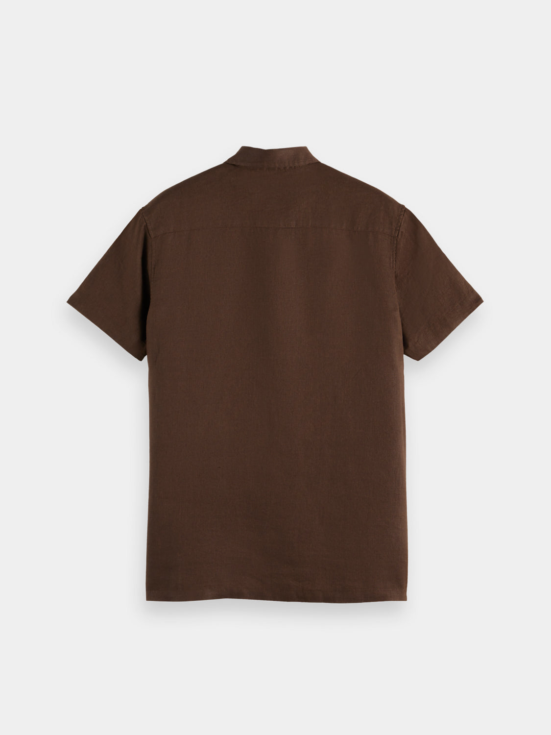 Back view of a Scotch & Soda short-sleeved linen shirt with a relaxed fit and natural fabric texture.