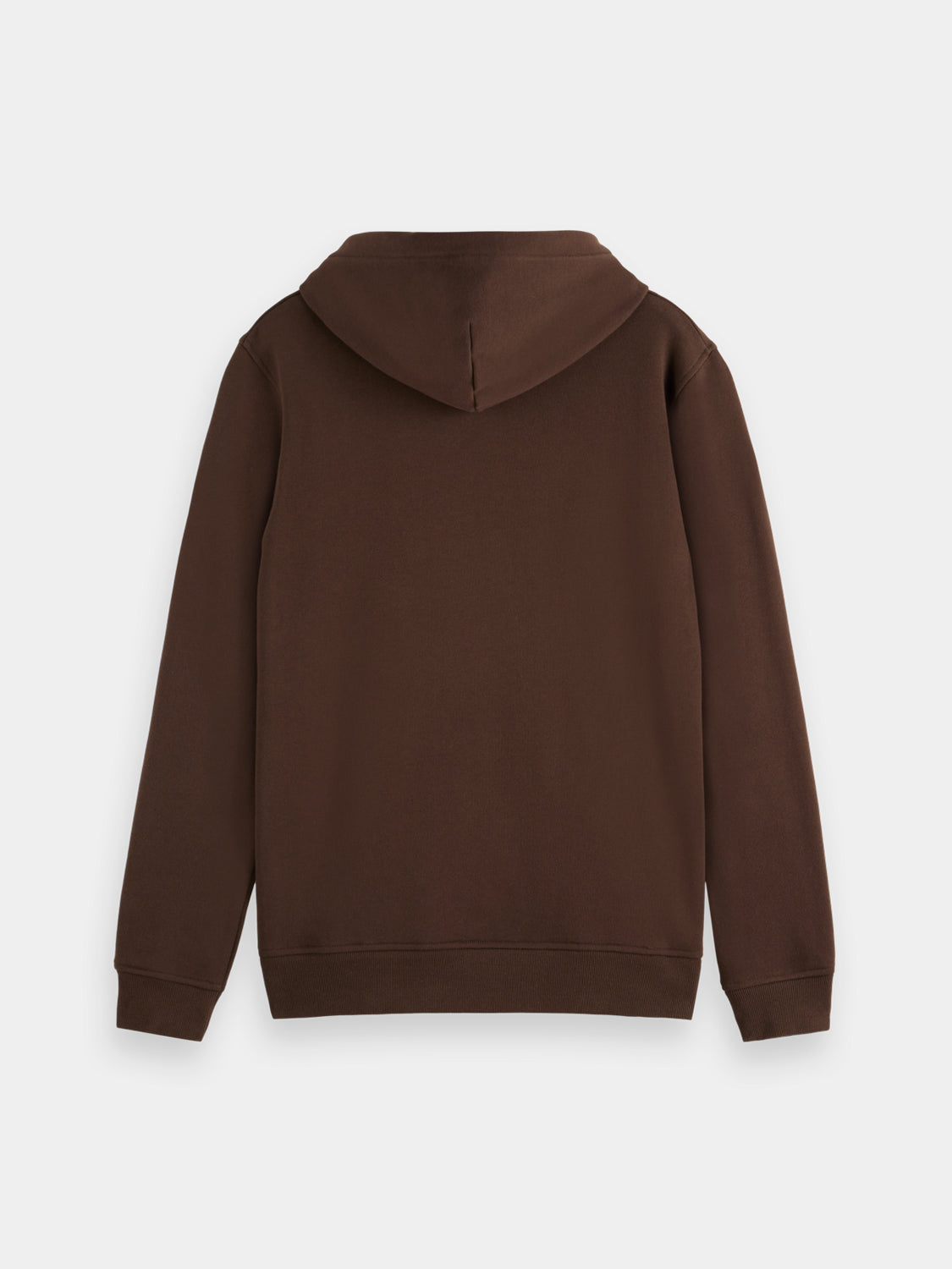 Dark hoodie with Scotch & Soda logo badge on the chest, featuring a comfortable sweatshirt design and a hooded neckline.