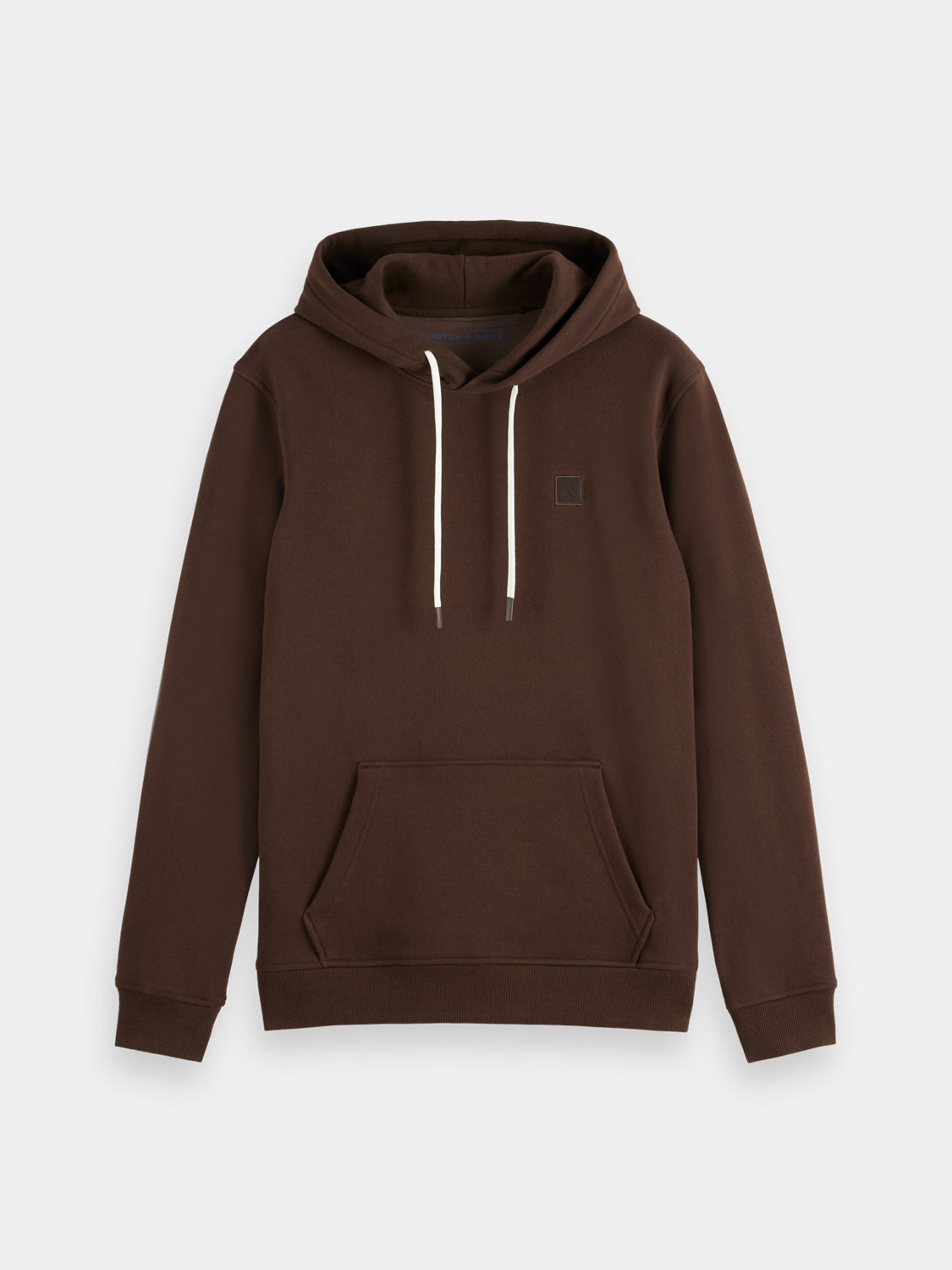 Scarlet red hoodie by Scotch & Soda featuring a prominent logo badge on the front, casual sweatwear with a comfortable fit.