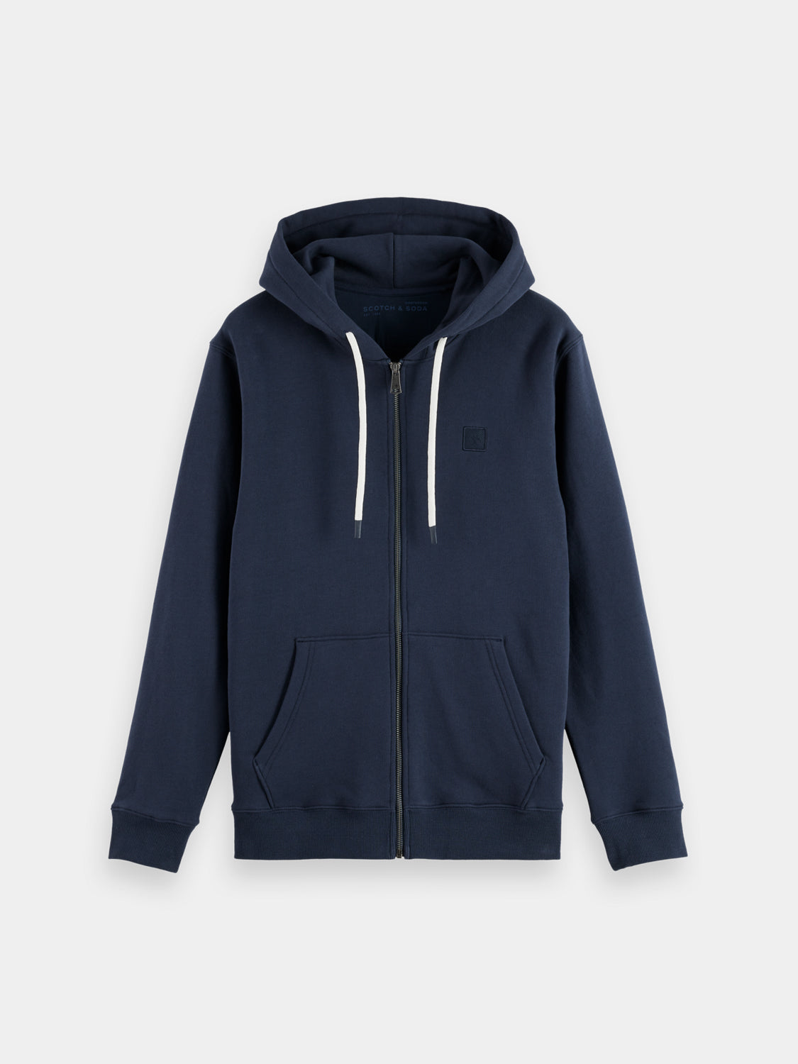 SCOTCH & SODA zip-through logo hoodie, navy sweats with front zipper and brand logo on chest, casual and comfortable.