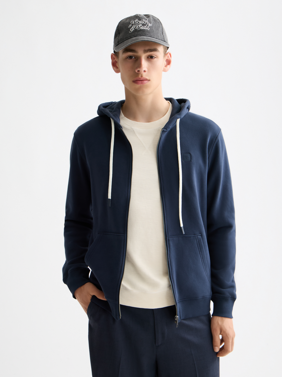 SCOTCH & SODA zip-through logo hoodie, navy sweats with front zipper and brand logo detail, casual and comfortable style.