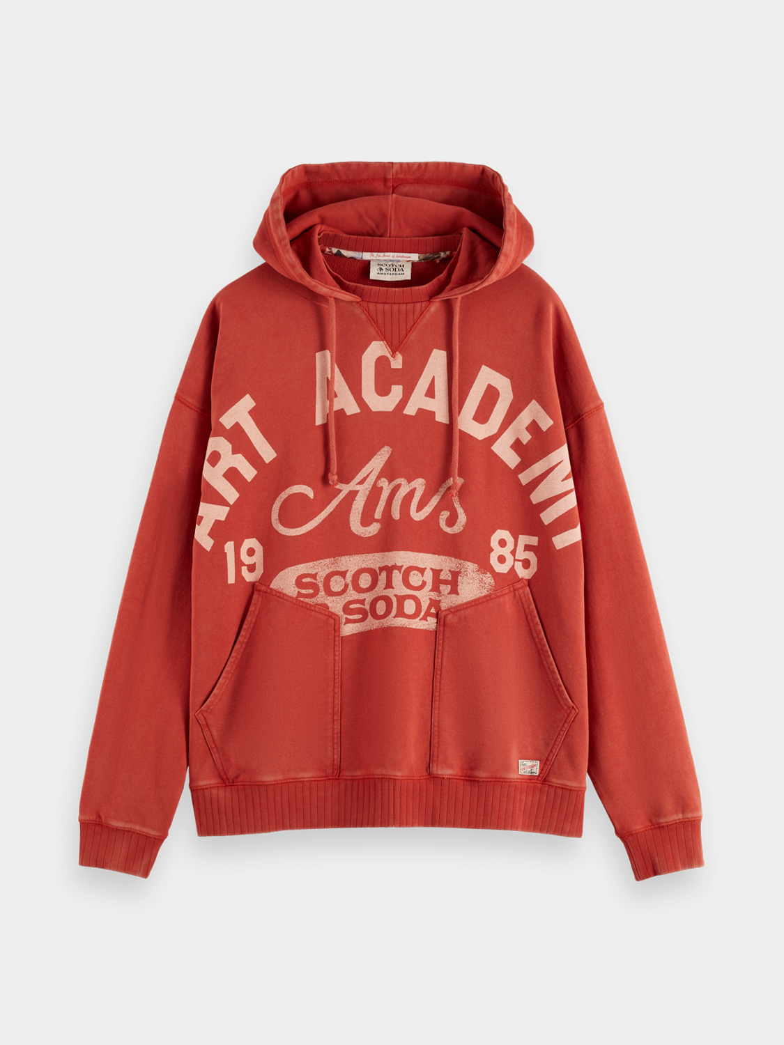 Scarlet red Scotch & Soda artwork hoodie made of soft sweatshirt fabric with a graphic print on the front.