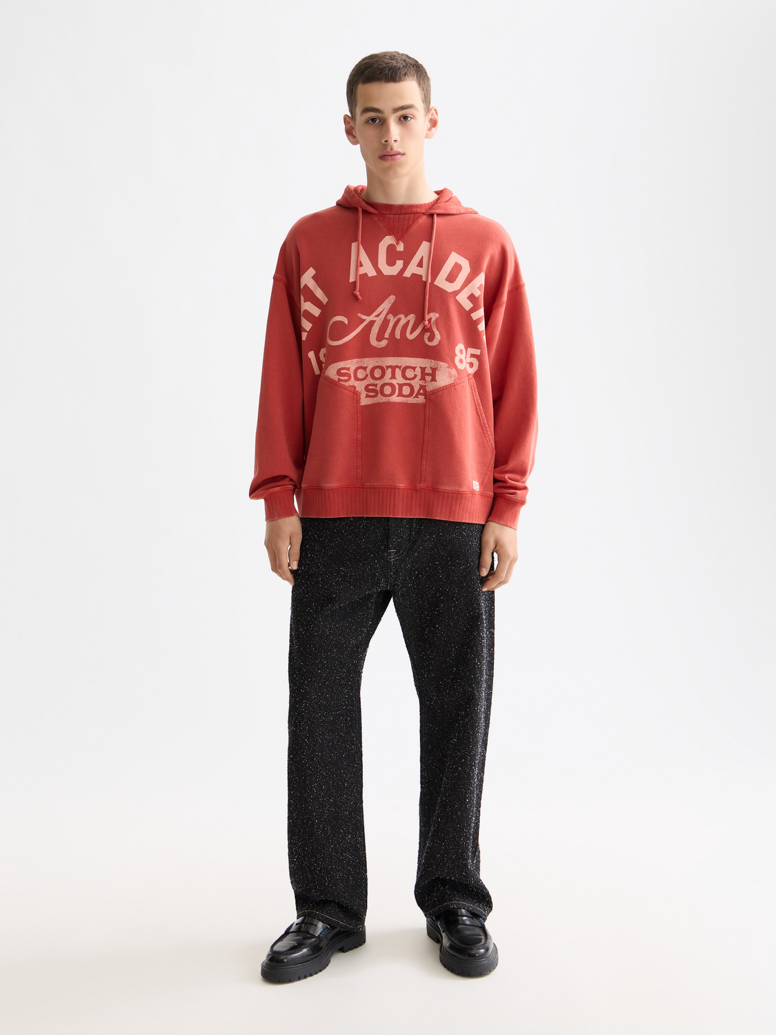 Scotch & Soda artwork hoodie, stylish sweatshirt with graphic design, casual fit, front view, soft fabric, men's or women's fashion.