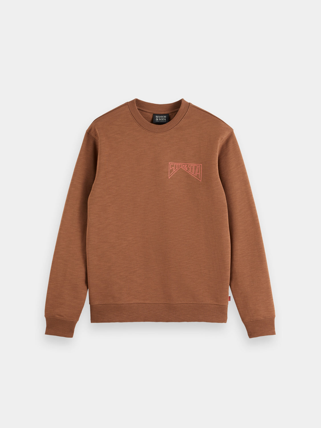 Scarlet sweatshirt with chest logo, casual SCOTCH & SODA sweats, front view showing logo detail and soft fabric texture.
