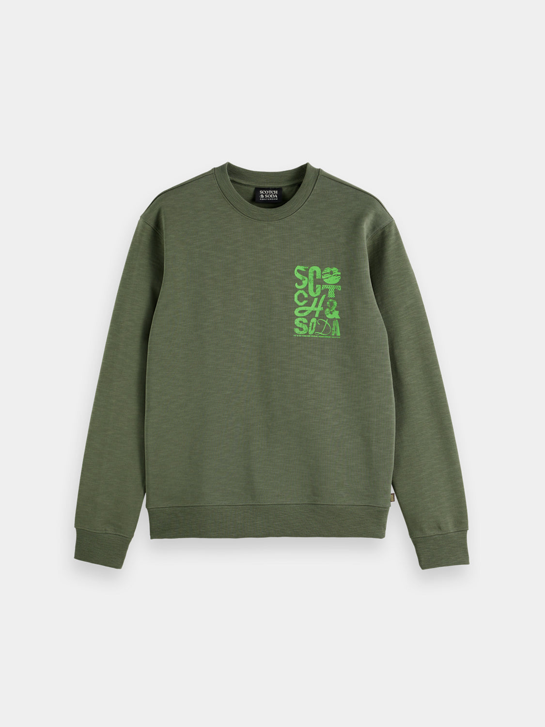 Scarlet red Scotch & Soda chest logo sweatshirt with long sleeves and ribbed cuffs, casual style, front logo design.