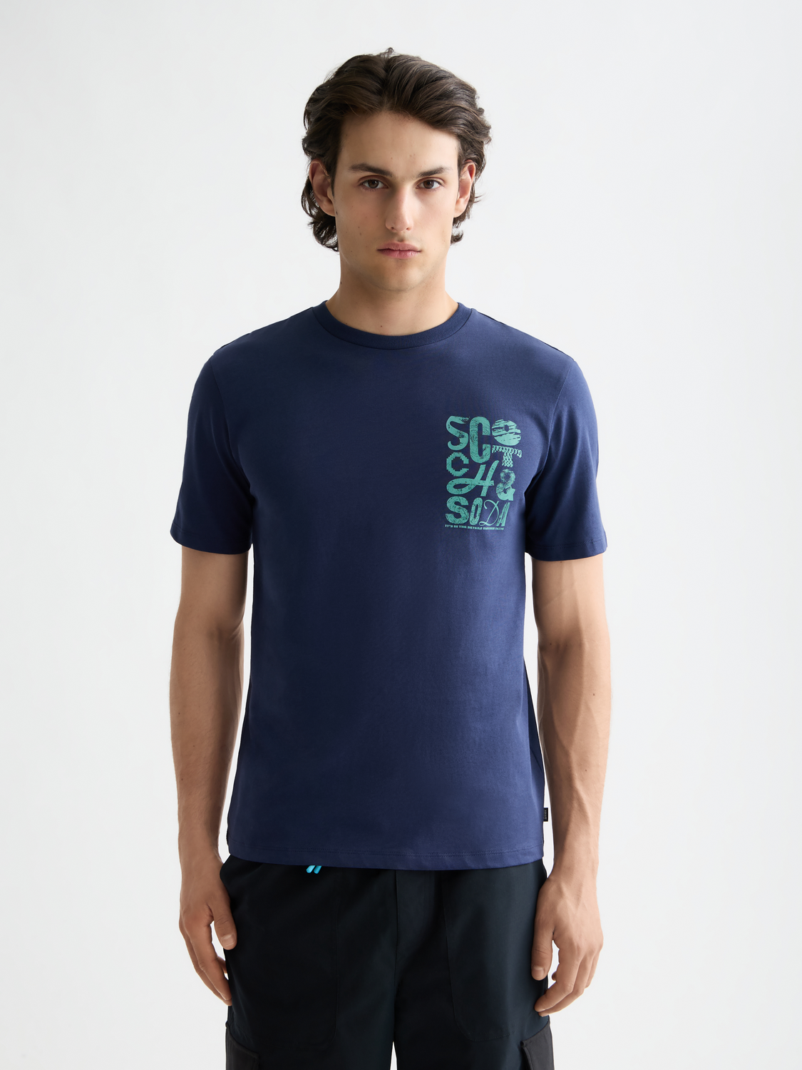 Short sleeve Scotch & Soda chest logo t-shirt with front graphic, casual fit, in a versatile color for everyday wear.