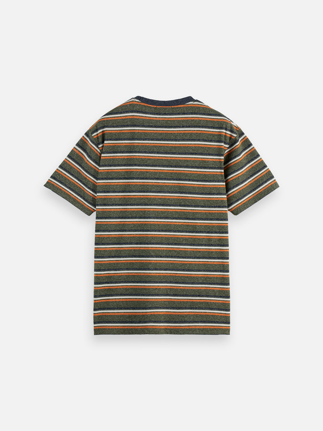 Blue and white yarn-dyed striped Scotch & Soda short-sleeve T-shirt displayed on a hanger.