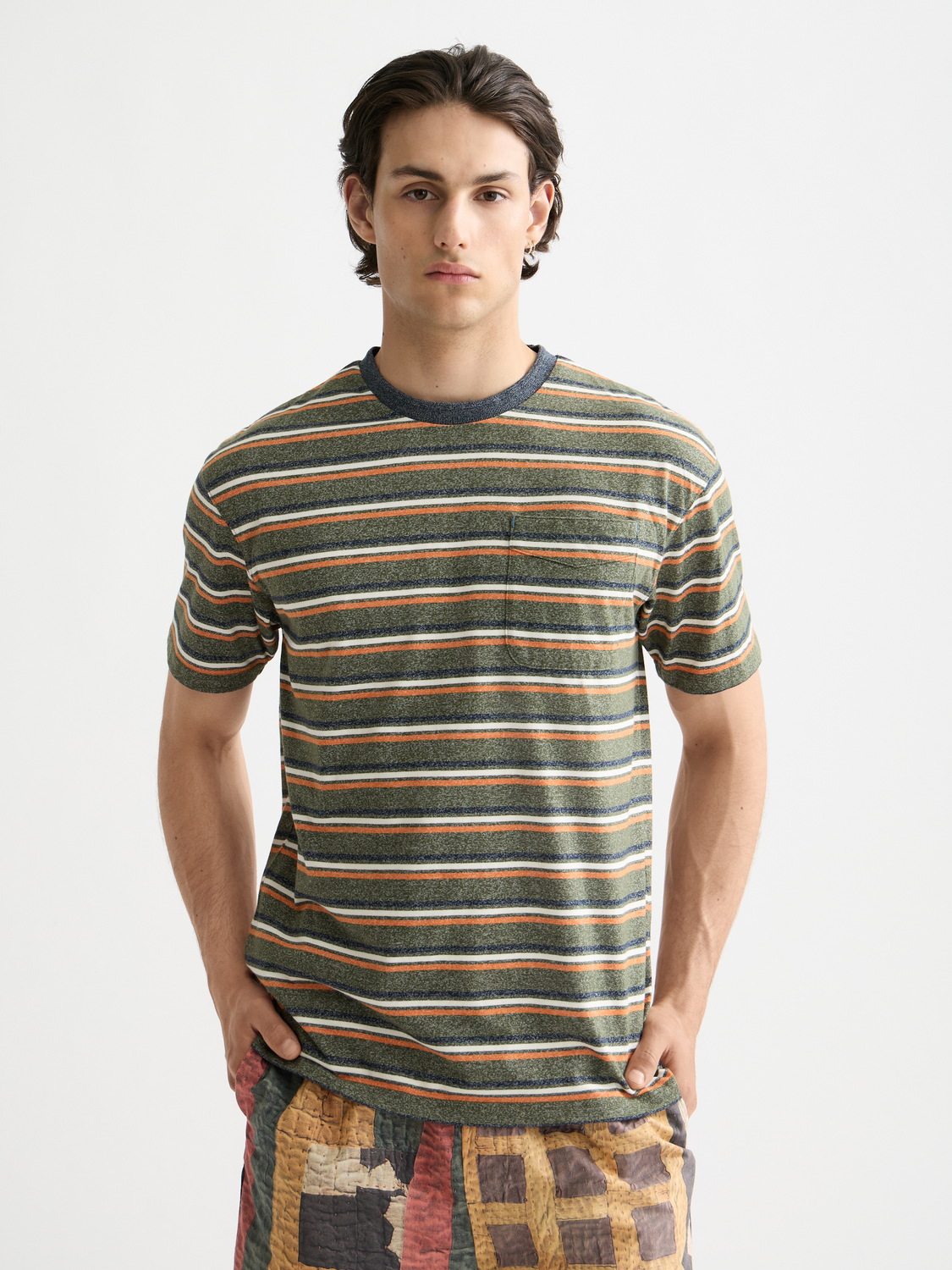 Yarn-dyed striped SCOTCH & SODA short-sleeve t-shirt with multicolor horizontal stripes on front, casual and stylish.