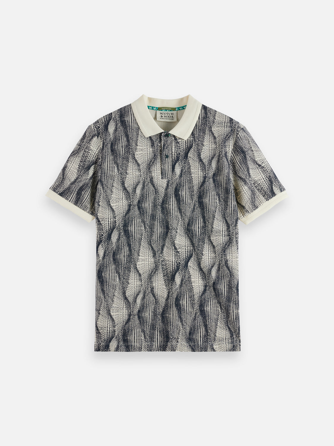 Printed SCOTCH & SODA polo shirt with colorful pattern, short sleeves, and classic collar, displayed on a hanger.