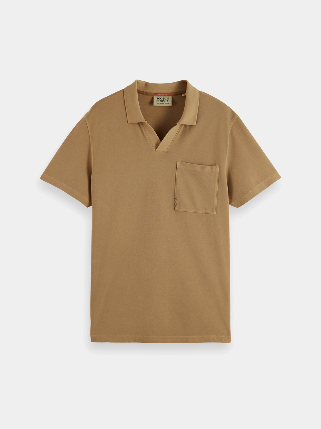 Navy Scotch & Soda pique polo shirt with a classic collar and short sleeves, displayed on a hanger.