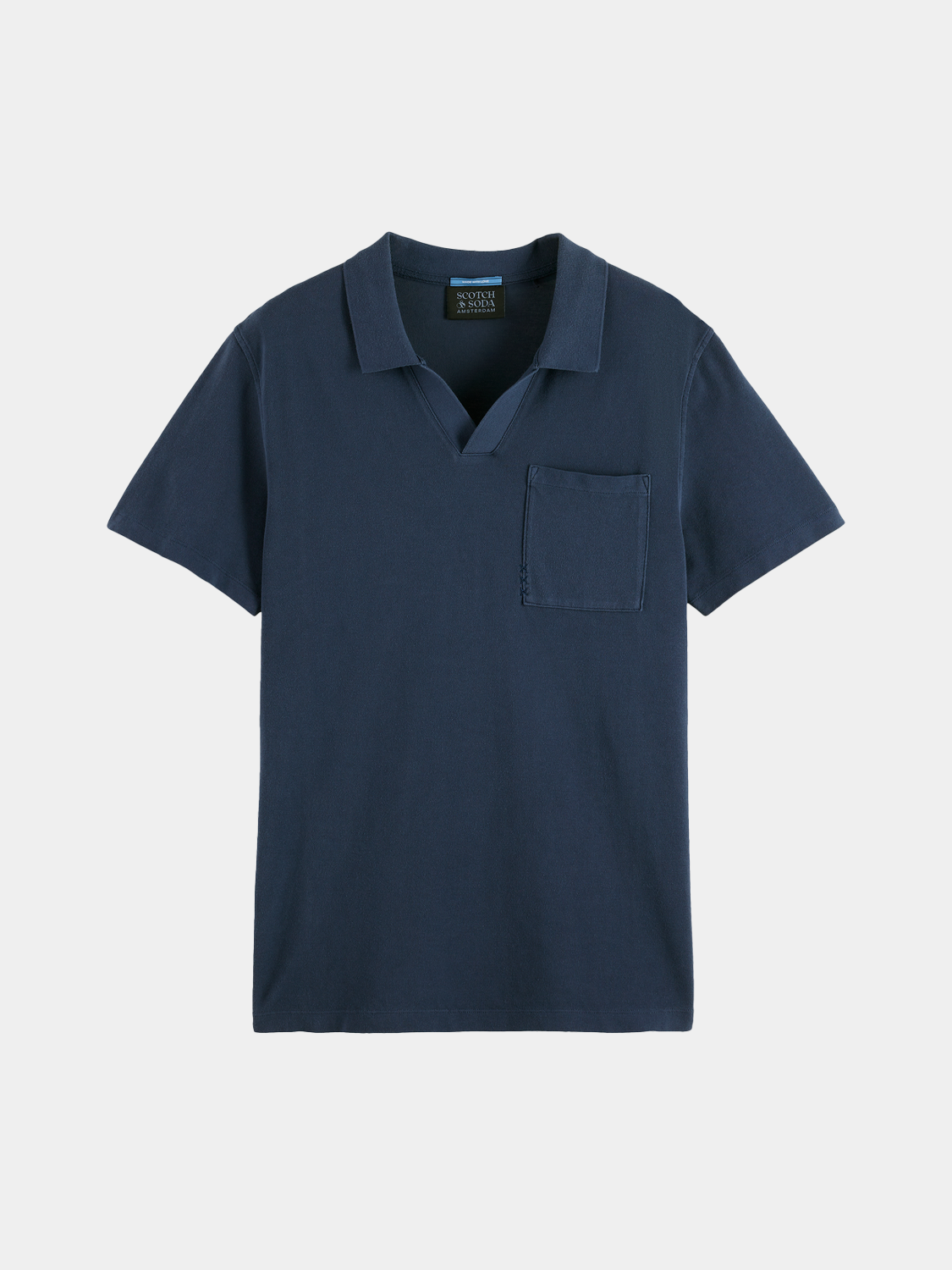 SCOTCH & SODA pique polo shirt in navy with a classic collar and short sleeves, displayed on a white background.