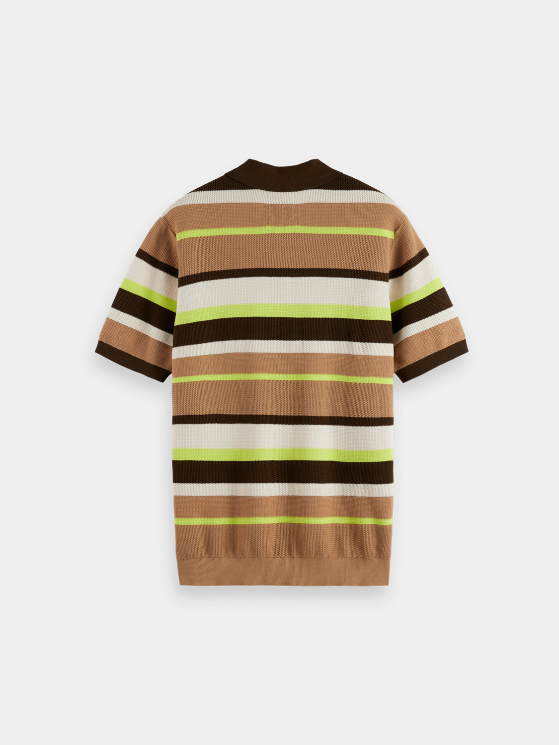 Knitted striped polo shirt by Scotch & Soda, front view showing blue, white, and red horizontal stripes on soft fabric.