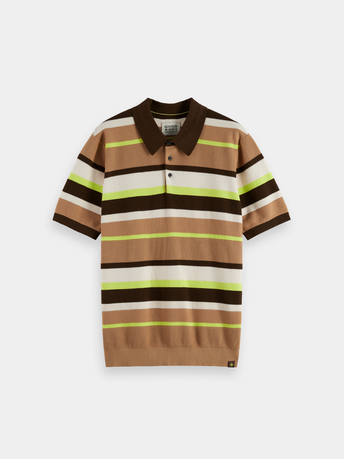 Striped knitted polo shirt by Scotch & Soda featuring a classic collar and multicolor stripes on soft fabric.