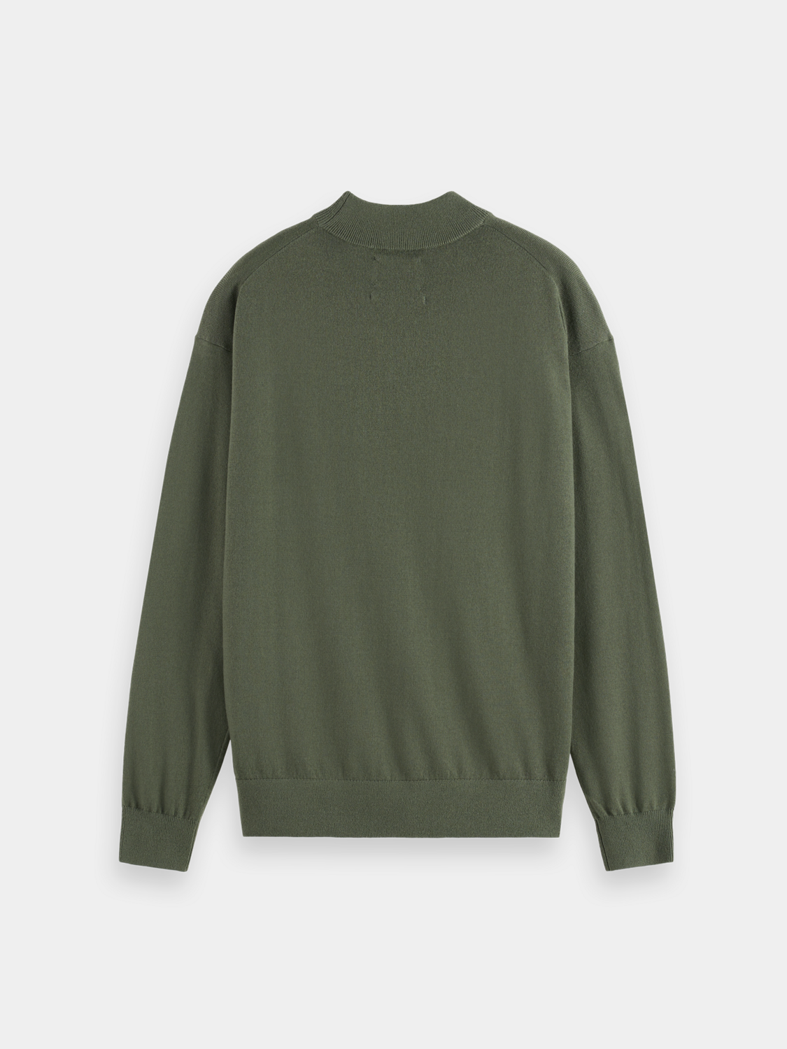 Black SCOTCH & SODA mock neck knitwear pullover displayed on a hanger with close-up fabric texture.