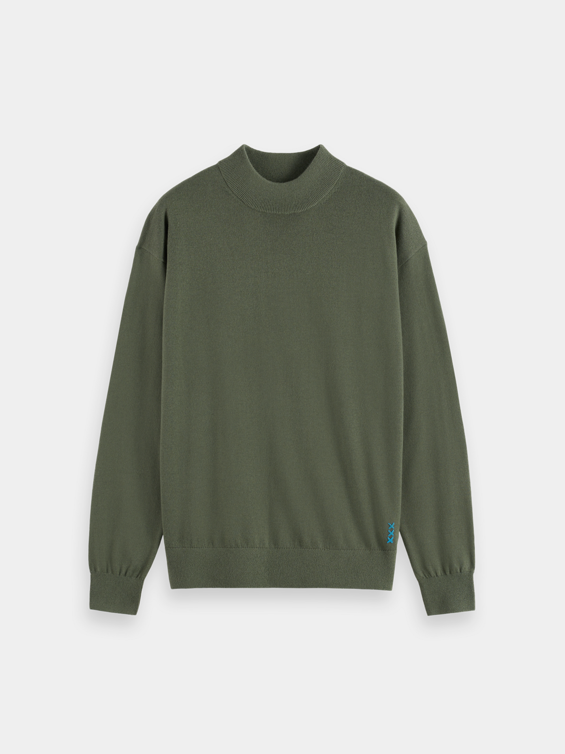 SCOTCH & SODA mock neck knit pullover shown in a close-up image with a ribbed collar and textured fabric.