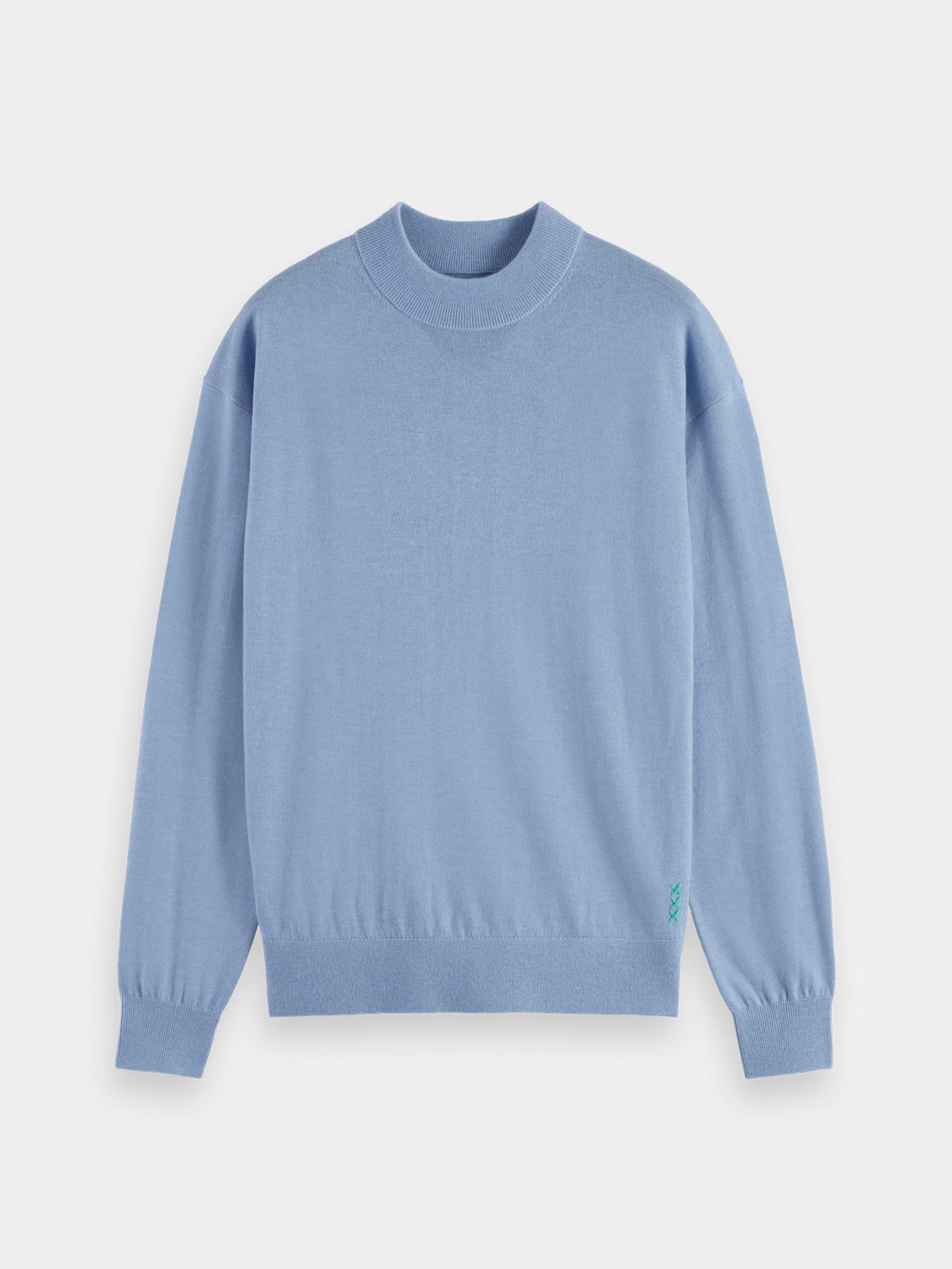 SCOTCH & SODA mock neck knit pullover, featuring a cozy design and ribbed texture, worn by a model showcasing fall fashion.