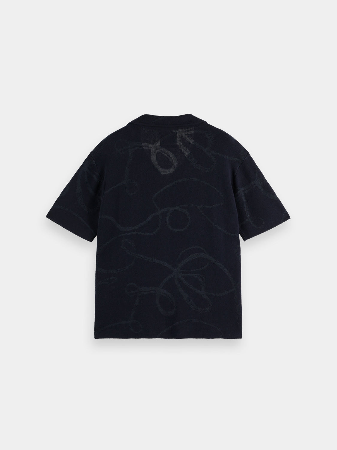 Black SCOTCH & SODA jacquard short-sleeved knitwear shirt with intricate pattern and crew neckline.