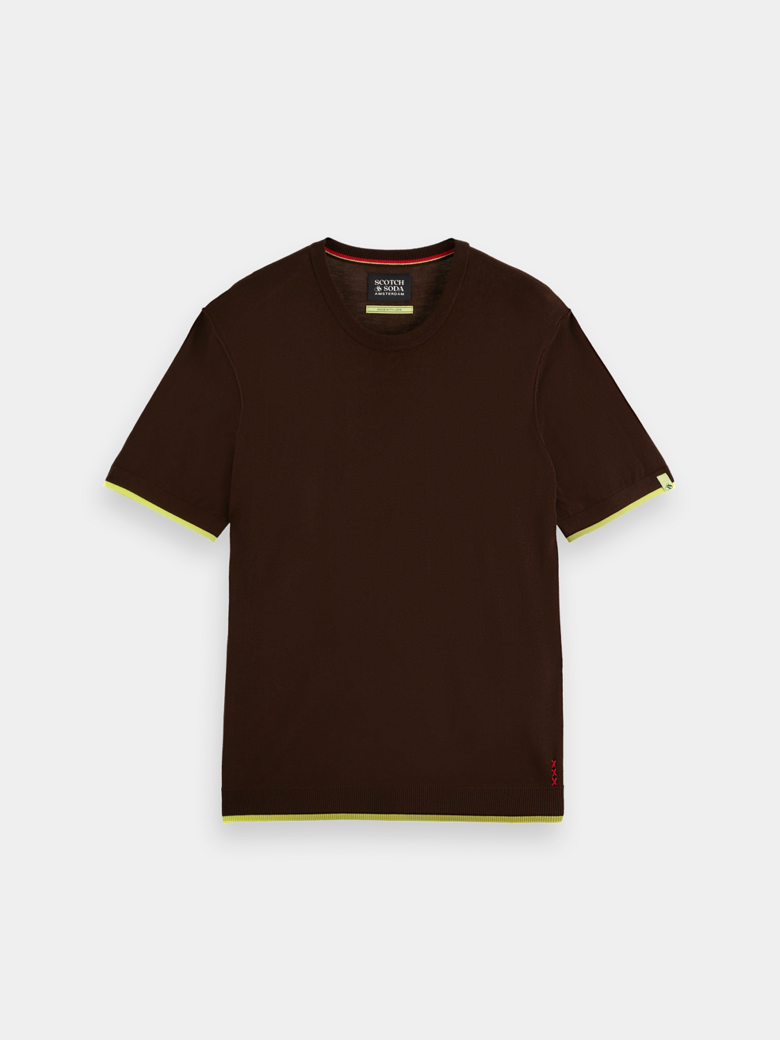 Scotch & Soda knitted T-shirt, stylish knitwear top with a textured pattern, front view showcasing its soft, comfortable fabric.
