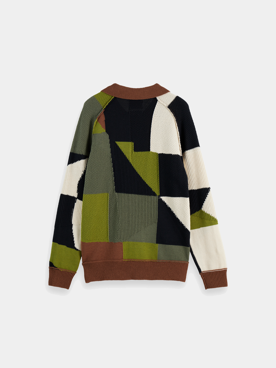 Patchwork long-sleeved polo knitwear by SCOTCH & SODA showing a colorful patchwork design and classic collar detail.