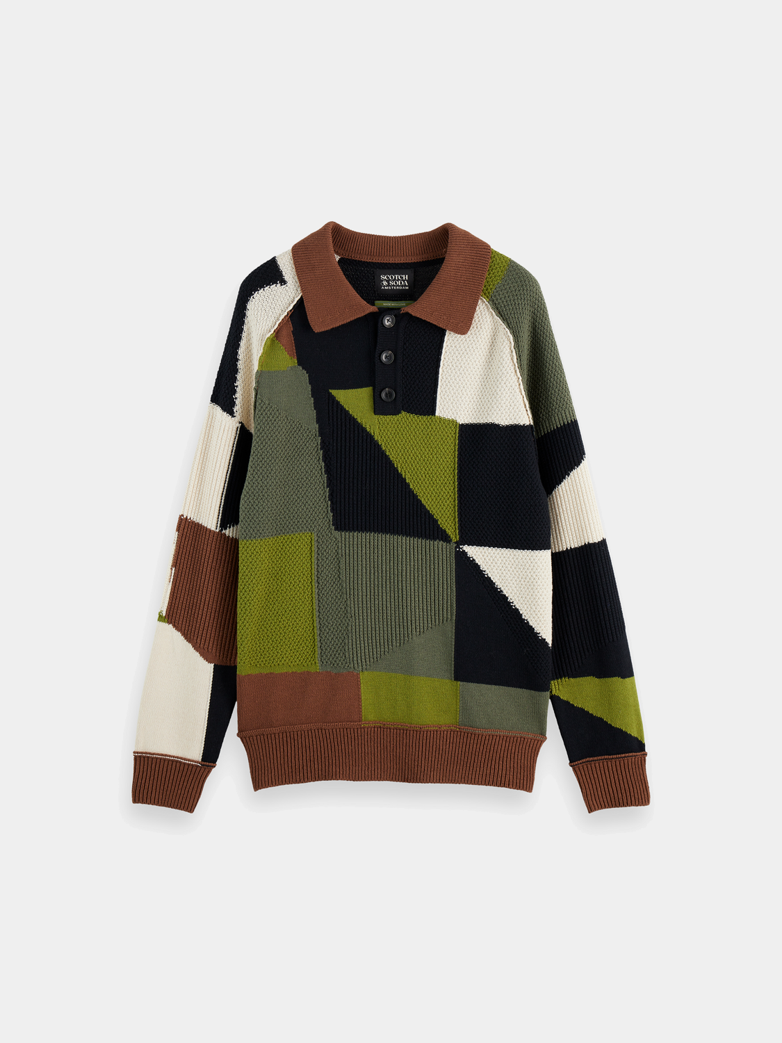 Patchwork long-sleeved knit polo by Scotch & Soda featuring a colorful, patterned design and ribbed collar and cuffs.