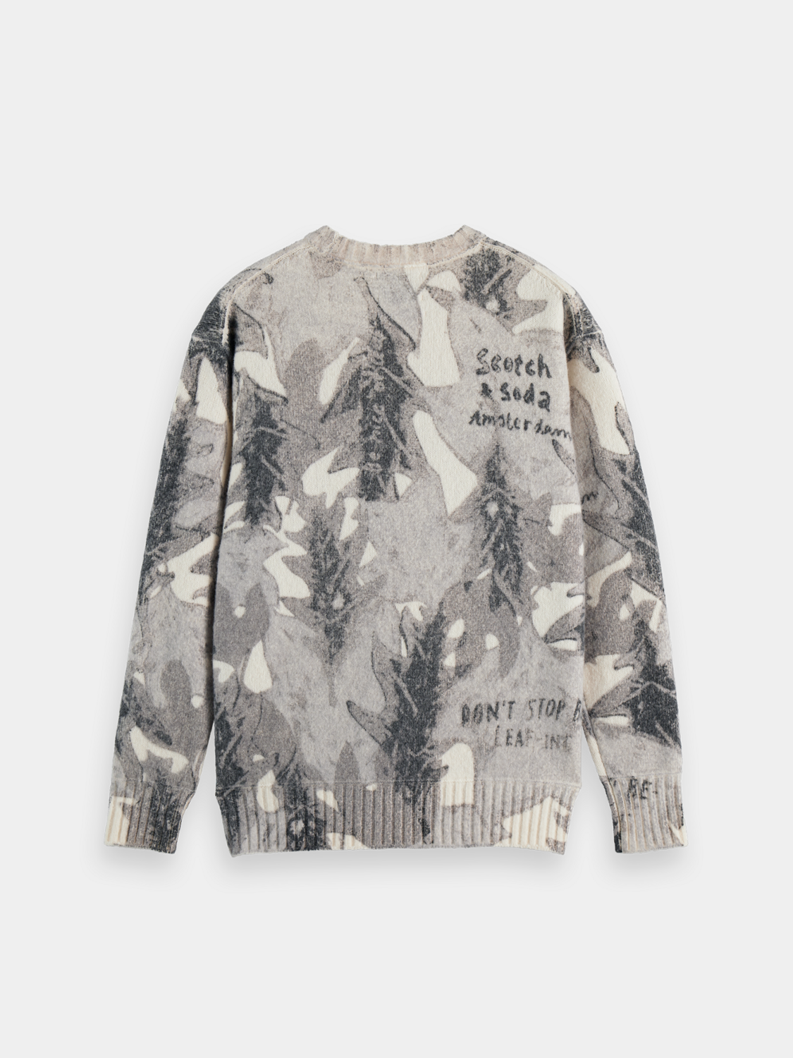 Black printed knit pullover by Scotch & Soda, featuring bold graphic design, soft fabric, and casual style.