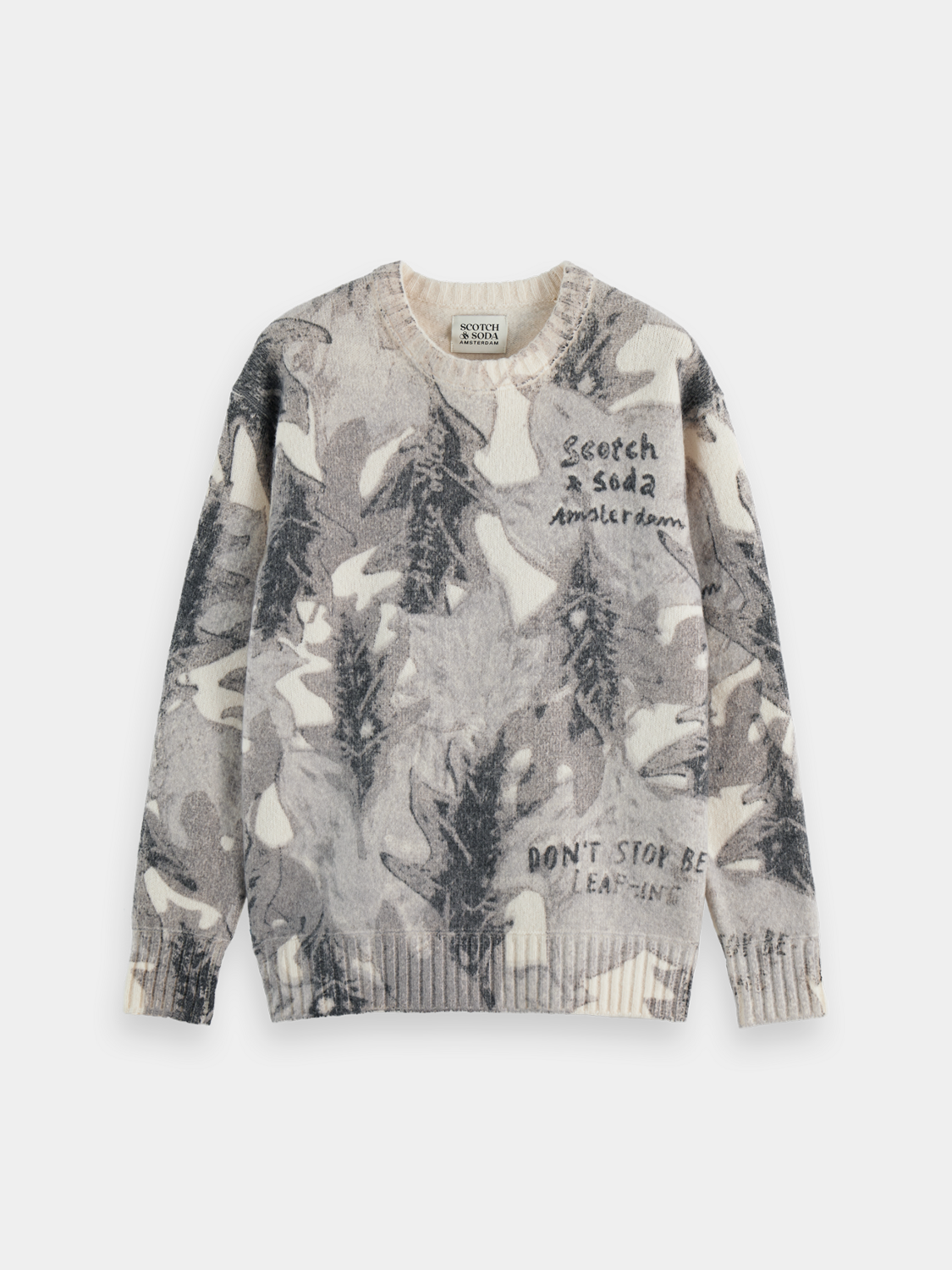 Scotch & Soda printed knitwear pullover featuring colorful geometric patterns and a crew neck design.