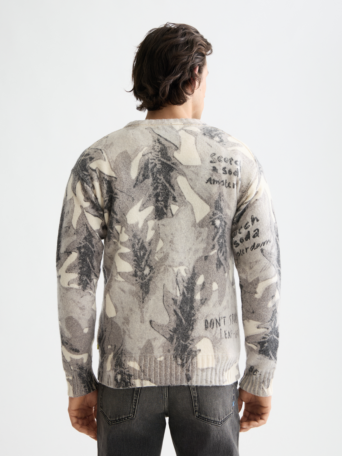 SCOTCH & SODA printed knitwear pullover with colorful abstract pattern, shown from the back view.