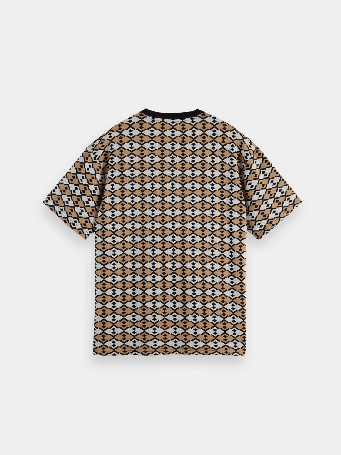 Scotch & Soda jacquard short-sleeve T-shirt with intricate woven pattern and crew neckline, shown from the back.