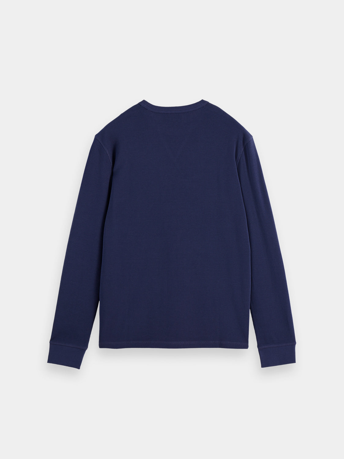 Scotch & Soda waffle long-sleeved T-shirt with a textured fabric in black, displayed flat with sleeves extended.