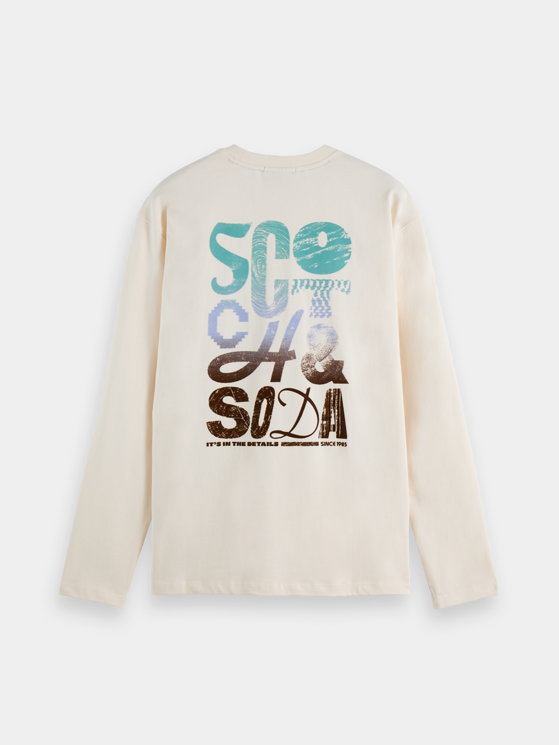 Long-sleeved Scotch & Soda artwork t-shirt with colorful graphic design on the front and long sleeves.