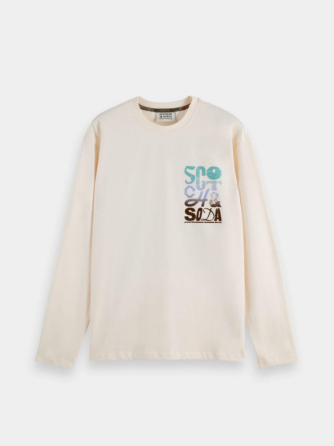 Long-sleeved Scotch & Soda artwork T-shirt with colorful graphic design on front, casual fit, and soft fabric.