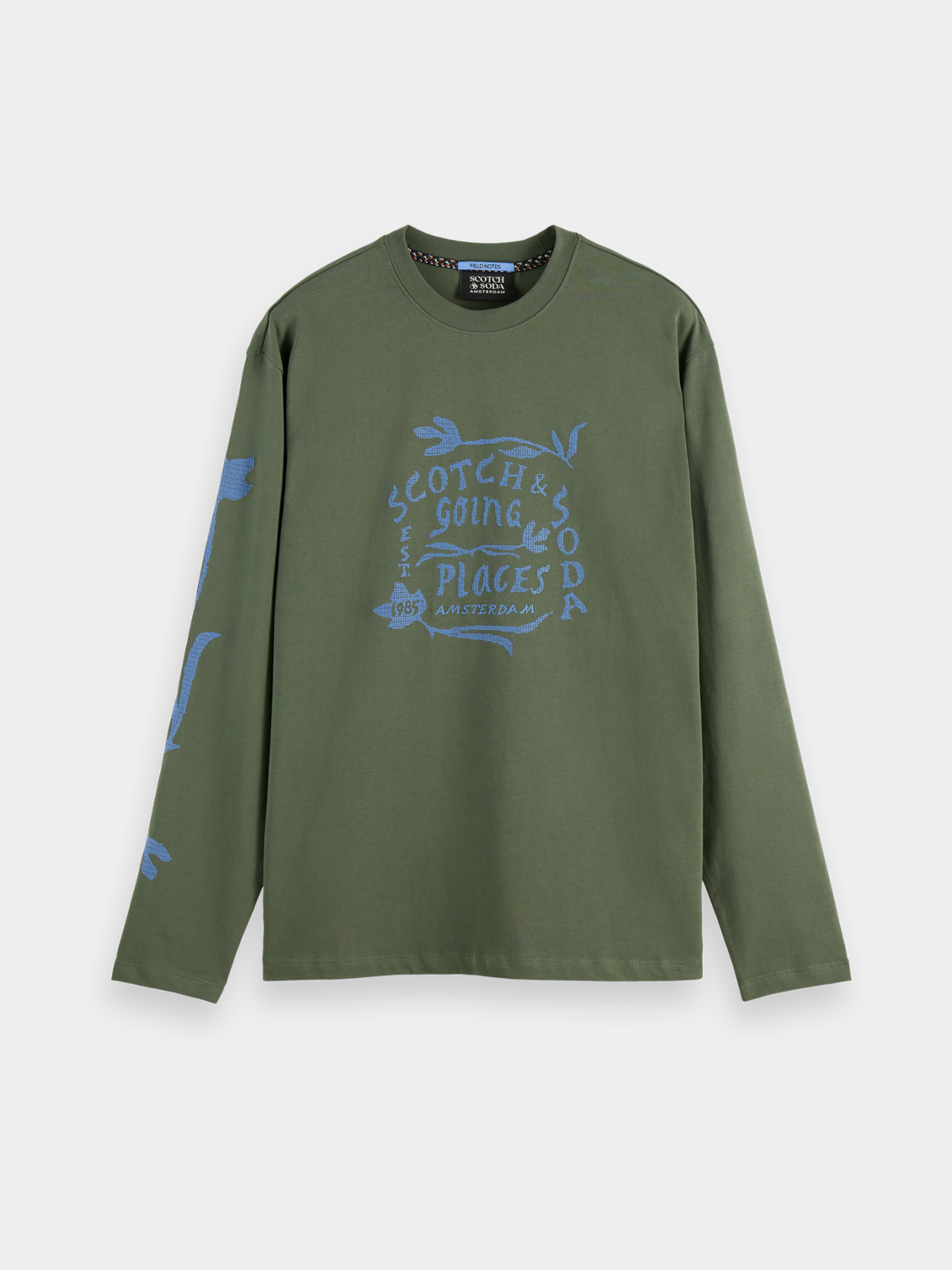 Long-sleeved Scotch & Soda artwork T-shirt with vibrant graphic print on front, casual fit, and soft fabric.