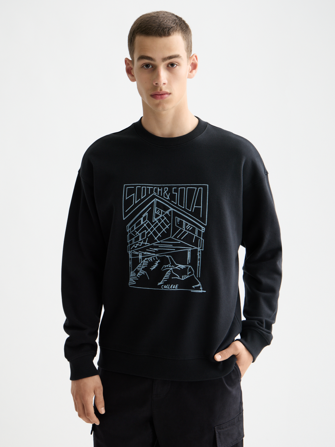SCOTCH & SODA chest logo sweatshirt with front view, soft fabric, and casual fit, featuring a prominent logo on the chest.