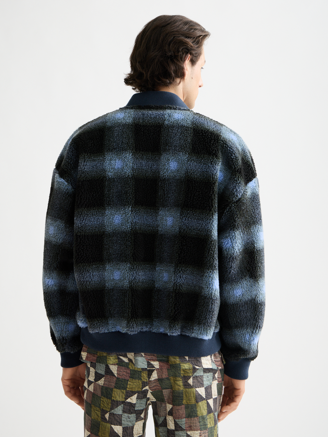 Scotch & Soda fleece cardigan, cozy knit sweats in soft fabric, back view showing relaxed fit and ribbed cuffs.