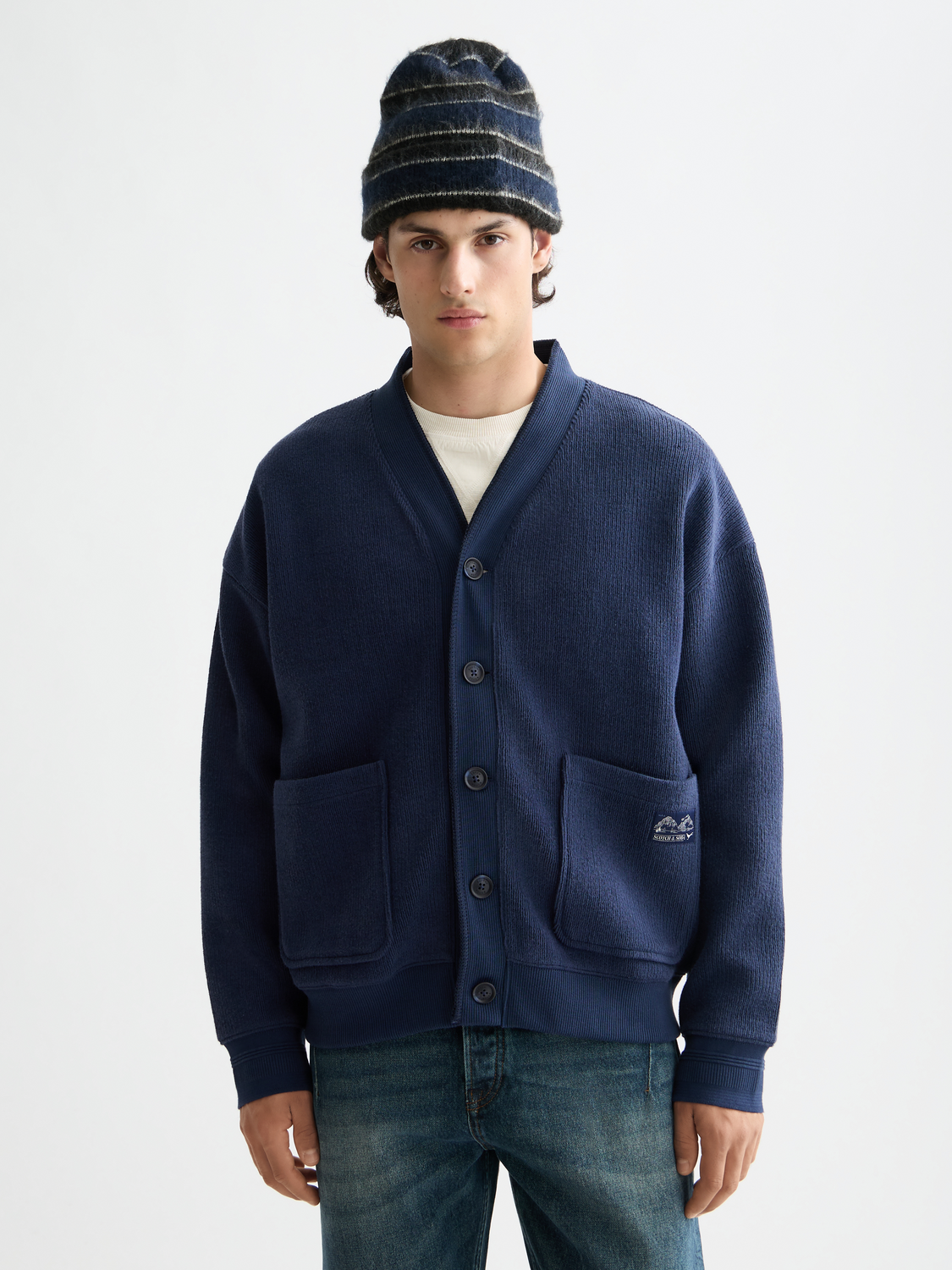 Scotch & Soda button-down sweatshirt, casual sweats with a button detail, in a soft fabric, shown in front view.
